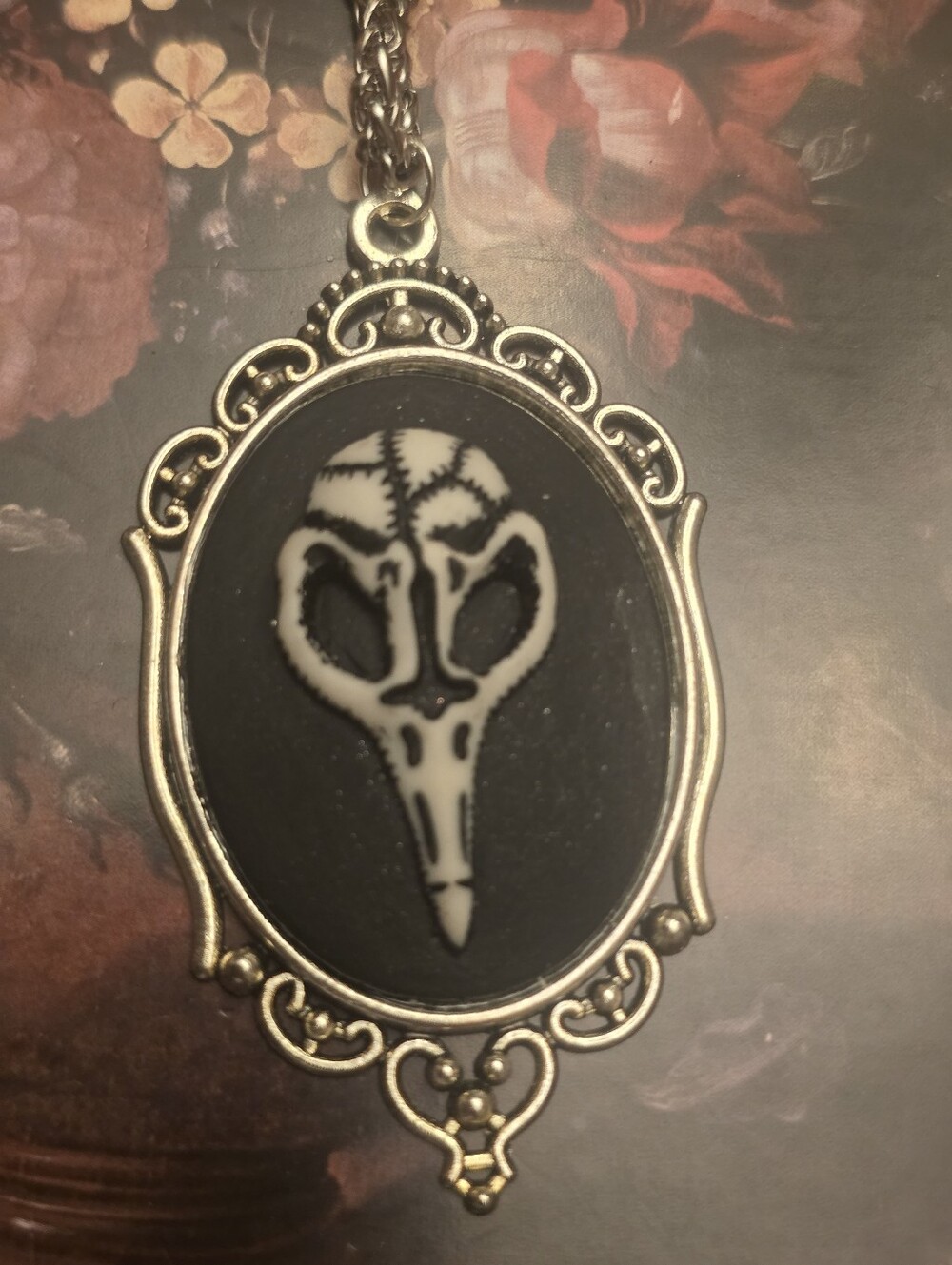 Gothic Ivory Raven Skull Necklace In Silver Tone Frame On Silver Stainless Chain